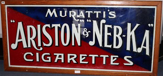 A framed reverse glass advertising sign for Murattis Ariston + Neb-Ka Cigarettes